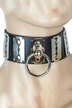 Razor Blade Bondage Black Leather Collar