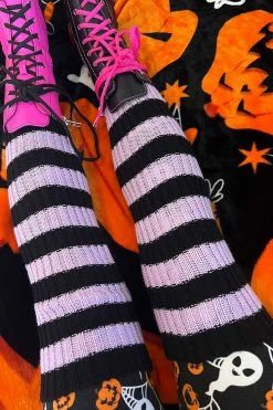 Funeral Flowers Striped Leg Warmers [BLACK/LILAC] -Goth Accessories Sales Dark Kawaii Fashion 1800x1800