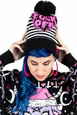 F Off Heart Striped Pom Pom Knit Beanie -Goth Accessories Sales Emo Beanie Hat 1800x1800
