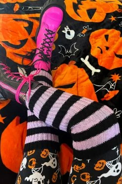 Funeral Flowers Striped Leg Warmers [BLACK/LILAC] -Goth Accessories Sales Striped Womens Accessories 1800x1800