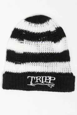 Tripp NYC Stripe Beanie [WHITE/BLACK] -Goth Accessories Sales StripedBeanie Hat 1800x1800