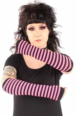 Emo Striped Arm Warmers [Black/HotPink] -Goth Accessories Sales pink armwarmers 02 1800x1800