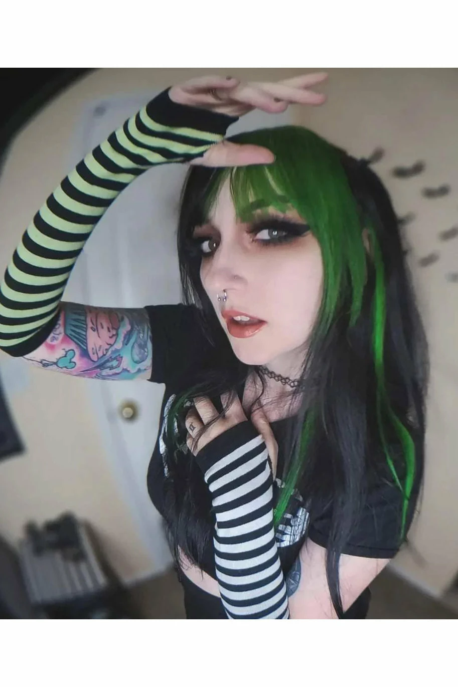 Green & White Striped Knit Arm Warmers 1 Green & White Striped Knit Arm Warmers